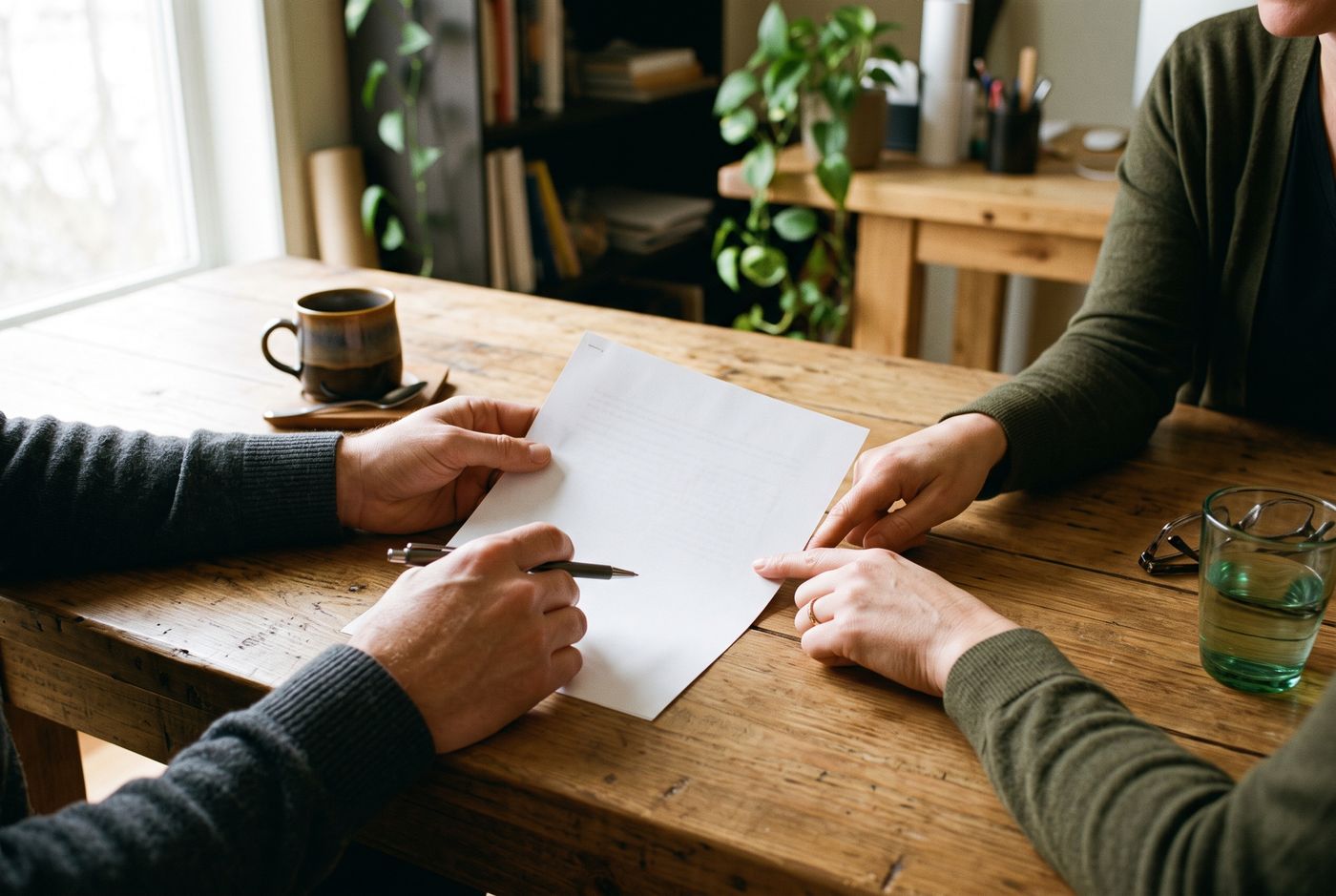 Reviewing a document together at a desk